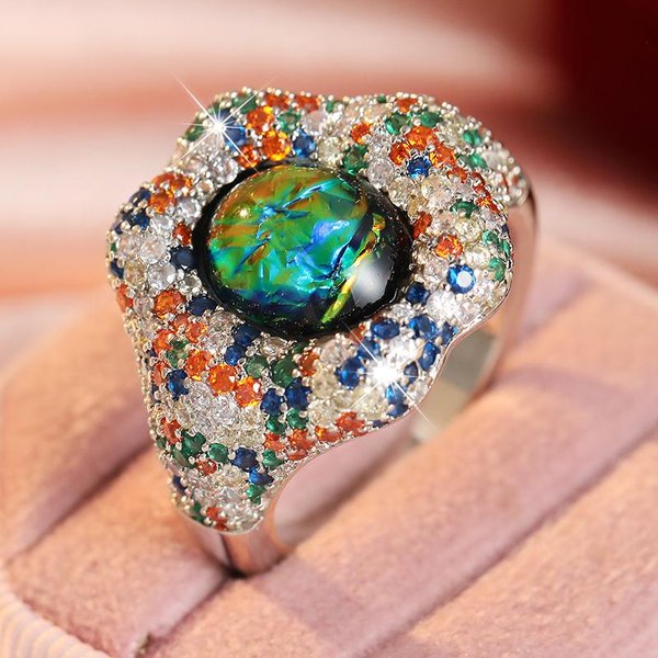 Exquisito Anillo De Mujer Multicolor De Circonita CúBica Incrustada Tendencia Color Cobre GeometríA Uso Diario JoyeríA Para Fiestas Regalo De Aniversario 7 Gray-image