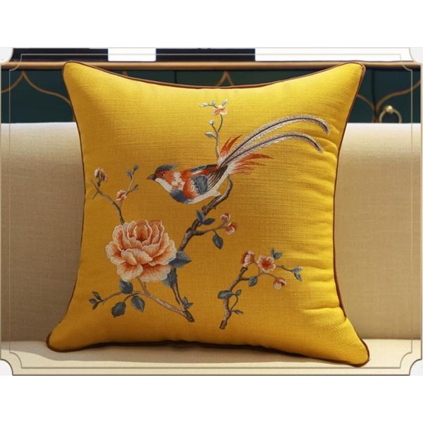 Poszewka Na Poduszkę Dekoracyjną W Stylu ChińSkim ŻółTa Lniana Poszewka Na Poduszkę Z Wzorem Piwonii I PtakóW Do Dekoracji Sofy W Domu 40X60Cm-image
