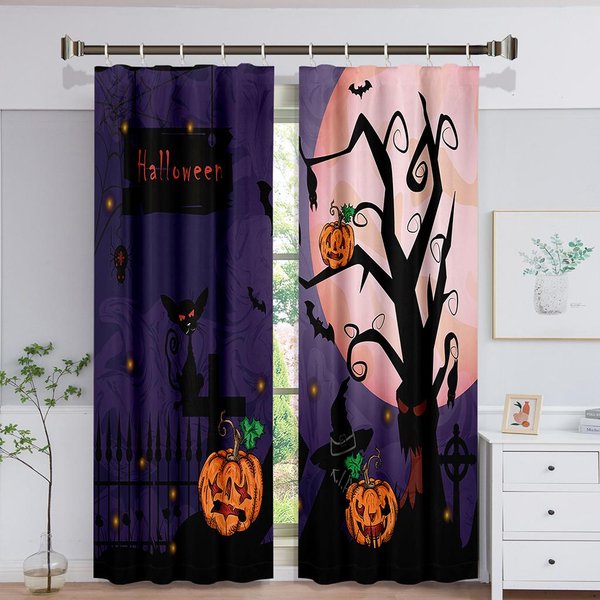 Feliz Halloween Castillo Calabaza Bruja Luna Cortina De Ventana Para NiñOs Sala De Estar Dormitorio BañO Cocina Puerta Armario DecoracióN Ganchos W50 X H130(Cm)X2&Grommet Top-image