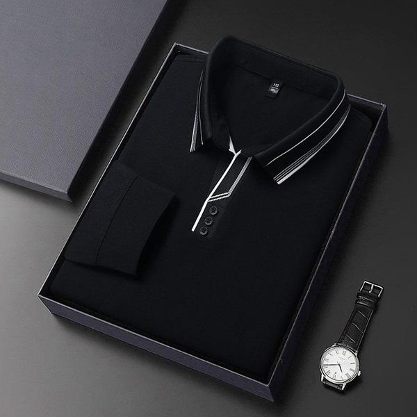 Camiseta De Manga Larga Con Solapa Para Hombre Nueva De OtoñO Camiseta De Moda Informal Para Hombre De Mediana Edad Xxxxl Black-image