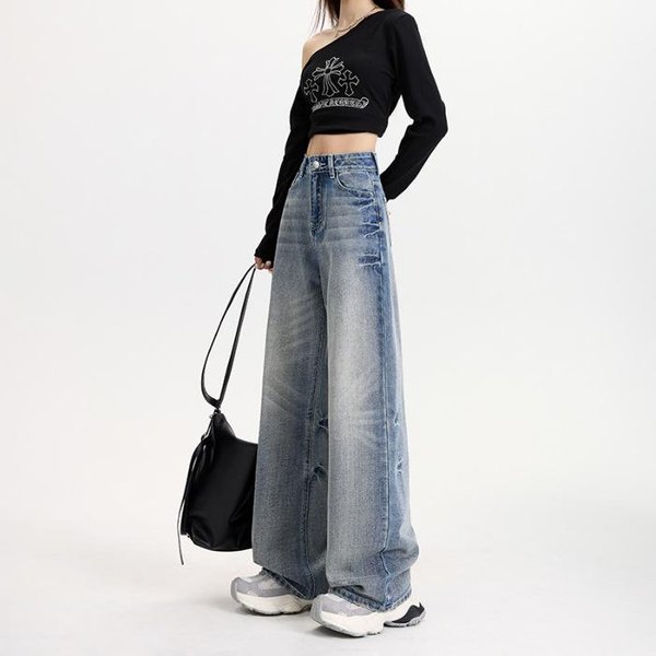 Jeans Mujer Primavera Bordados Denim Sueltos Y Con CaíDa Pierna Ancha Jeans Mujer Primavera Skinny Pierna Ancha Pantalones Mujer Primavera 2XL Gray-image