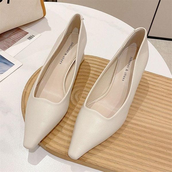 Zapatos De SalóN De TacóN Alto Elegantes Estilo Coreano Punta Cuadrada TacóN Grueso Para El Viaje Diario De Mujer Estilo Wanwan Lei Piel Suave Boca Baja Zapatos De Mujer 39 Beige-image
