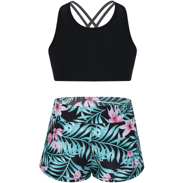 DziecięCe DziewczęCe Z Nadrukiem Rash Guard Tankini Sport Crop Top + Spodenki KąPielowe StróJ KąPielowy Stroje KąPielowe PlażOwe 11-12 Years Zielony/Czarny-image