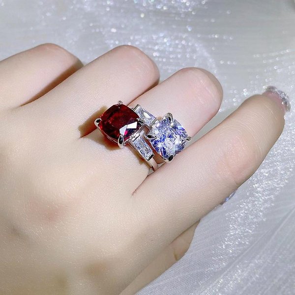 Anillo De Circonita De Alta DefinicióN Plateado Elegante Para Mujer Incrustado Con Rubí Rojo Fuego Anillo Abierto JoyeríA De Fiesta De Bodas Regalo Resizable-image