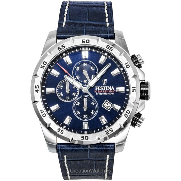 Festina Timeless Chronograph Pasek SkóRzany Niebieska Tarcza Kwarcowy F20692-2 100M Zegarek MęSki Niebieski-image