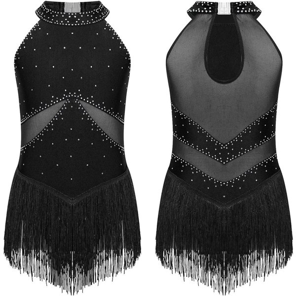 DziecięCe DziewczęCe Trykot Do TańCa Latynoskiego Sukienka łYżWiarstwo Figurowe Tango Cha-Cha Kostium WydajnośCiowy Bez RęKawóW Siateczka Z KryształKami Body Z FręDzlami 9-10 Years Czarny-image