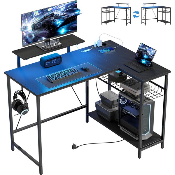 Escritorio De Gaming De Esquina Con Led, Tomas De Corriente, Soporte Para Monitor Y Estante, Negro 114.5 X 82 X 91.5 Cm-image