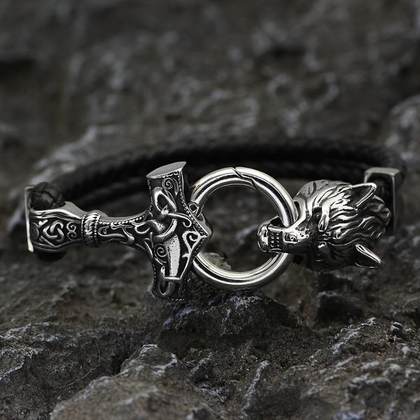 1 Szt. GłOwa Wilka Viking Bransoletka Z MłOtkiem Thora, BiżUteria MęSka Viking, Bransoletka Z GłOwą Wilka Viking, BiżUteria Prezent Viking Srebro-image