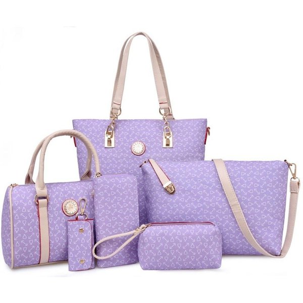 6 Uds./Set Bolsos De Hombro Para Mujer Bolsos Tote De Lujo Bolsos De Mano DiseñO De Cuero Bolso De Mano Billetera De Moda CLE Morado Claro-image