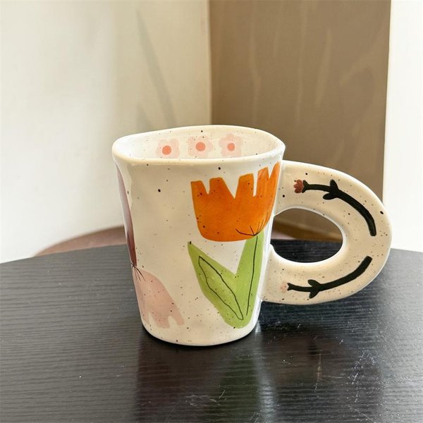 Taza De CeráMica Irregular Pellizcada A Mano Con Arte De Salpicaduras De Tinta Taza De Café De CeráMica Pintada A Mano Embudo De Café Taza De Leche Para Desayuno Platillo 301-400Ml Beige-image