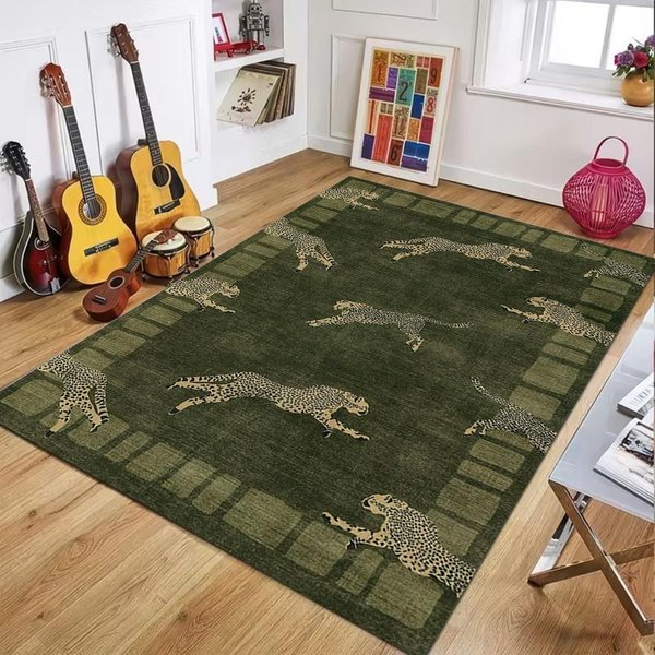 Vintage Zielony Lampart Dywanik Obszarowy Luksusowy Dywan AntypośLizgowa Zmywalna Mata PodłOgowa Wycieraczka Modny WzóR Geparda Do Salonu Sypialni 120X160Cm-image
