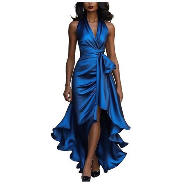 Vestido De Fiesta Midi De Raso Con Volantes Para Mujer, Sin Mangas, Cuello En V, Halter, Lazo En La Cintura, Bajo Alto, Invitada De Boda, Fiesta, CóCtel S-image