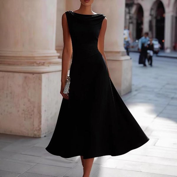 Vestido Midi De Mujer Sin Mangas Con Cuello Halter Cintura Fruncida Falda Fluida En A Vestido Formal Elegante Espalda Con CaíDa Vestido De Fiesta Para Invitada A Boda Eventos De CóCtel Y Noche S Negro-image
