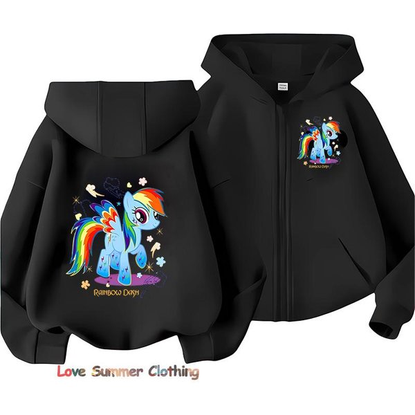 DziewczęCa Bluza Z Kapturem Zapinana Na Zamek, Uroczy Kucyk, Jesienna Kurtka Z Kapturem Dla DziewcząT, Zapinana Na Zamek, Little Pony, Jesienny Pulower, Casualowa Bluza Z Kapturem, Rozmiar 100-160 130 Black-image