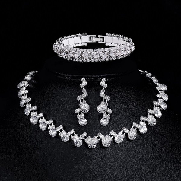 Accesorios Nupciales Juego De Tres Piezas Moda Nupcial Diamante Completo ZircóN Gota De Agua Collar Pendientes Accesorios Para Boda Blanco-image