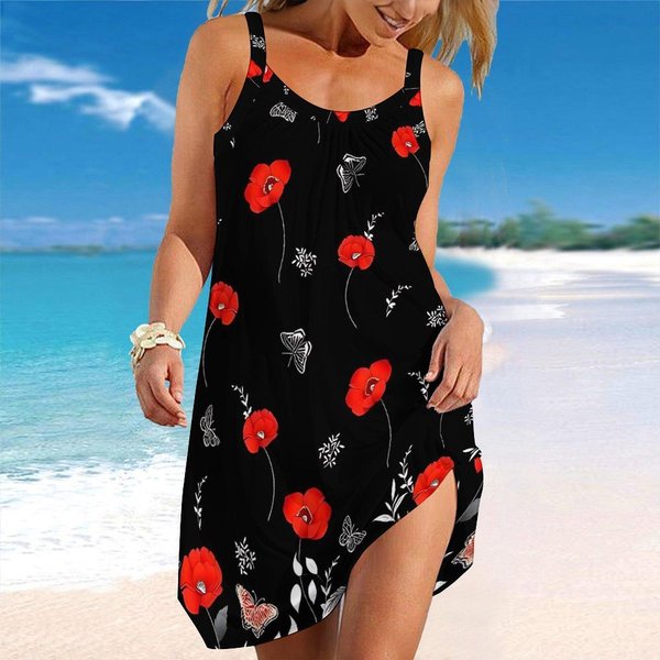 Damska Sukienka PlażOwa Mini Sukienka Stopniowy Kwiatowy Fragmenty Nadruk Casualowa Nowoczesna Sukienka Bez RęKawóW LuźNy KróJ Na ZewnąTrz Codzienna Letnia 8XL Brown-image