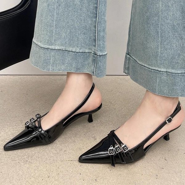 Sandalias De Punta Para Mujer Novedades Moda Banda EláStica Fiesta Zapatos De Vestir Mujer Tacones Medios Finos Rojo Negro Plata Moda 39 Negro-image