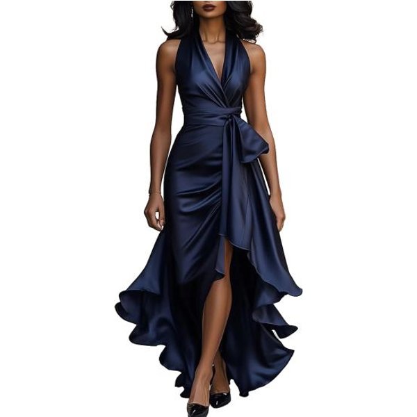Vestido De Fiesta Midi De Raso Con Volantes Para Mujer, Sin Mangas, Cuello En V, Halter, Lazo En La Cintura, Bajo Alto, Invitada De Boda, Fiesta, CóCtel S Azul Marino-image