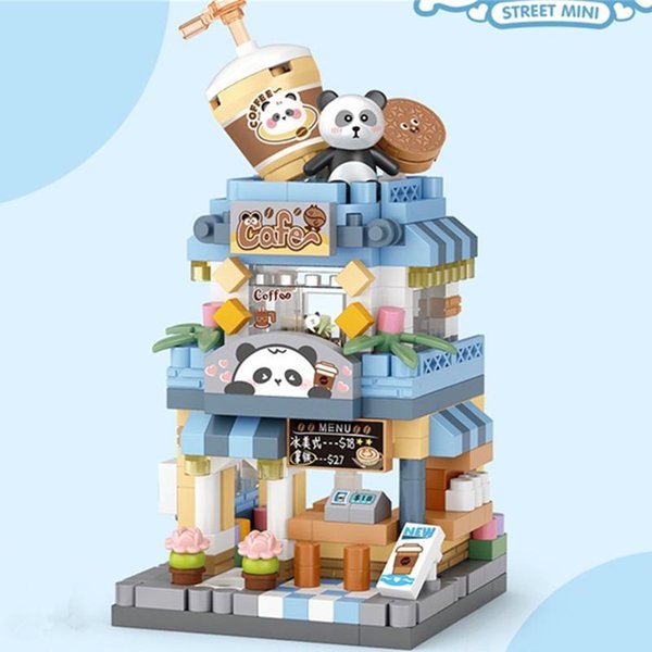 Nowy Panda Zwierzak Kawa Lody Kwiaciarnia Sklep Widok Ulicy Jedzenie Dom Zestaw KlockóW Dziewczynki Klocki Model Zabawka Dla Dzieci Gray-image