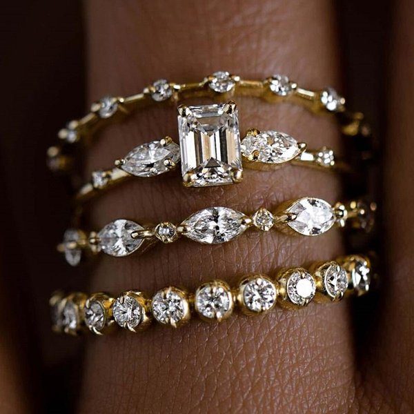 Huitan 4 Piezas Anillos Para Mujer Color Oro Lujo Set De Boda JoyeríA Brillante GeoméTrico Circonita CúBica Nuevo Trendy Accesorios Femeninos 6 Gray-image
