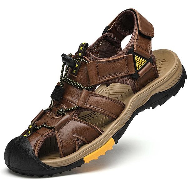 Sandalias De Moda Deportivas Para Exteriores Cuero AutéNtico Puntera Zapatos Casuales Pantuflas Nuevas De Verano Transpirables Zapatos De Playa Para Hombre 46 MarróN-image