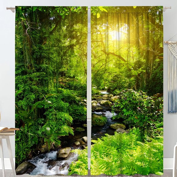 2 Paneles, Hermoso Paisaje De Bosque Cortina Natural Paisaje De Cascada Cortina Para Sala De Estar Dormitorio DecoracióN Calidad W65X60H(Cm)X2Pcs&Hook-image