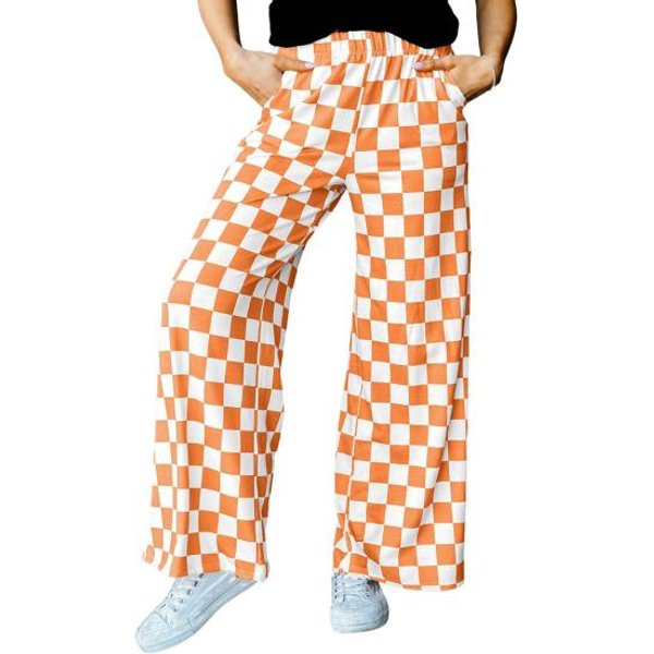 Pantalones De Mujer EláSticos Cintura Alta Estampado De Cuadros Pierna Ancha Pantalones Casuales Ajuste Holgado Vacaciones Trabajo Uso Diario L Orange-image