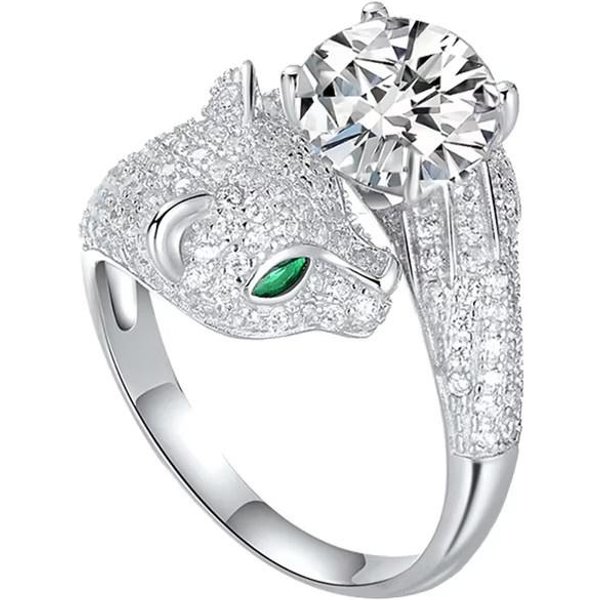 Anillo Creativo Con Cabeza De Leopardo Para Mujer - JoyeríA De Circonita Verde Y Blanca | DiseñO Abierto Ajustable JoyeríA De Fiesta Resizable White-image