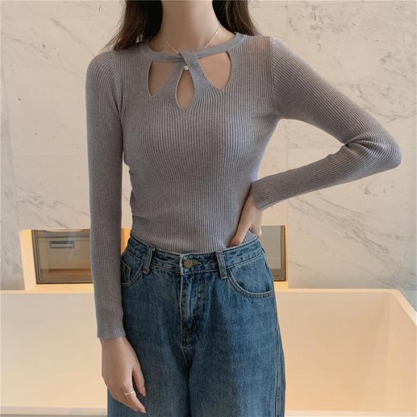 OtoñO E Invierno Ajustado Manga Larga Tops SuéTer De Fondo Moderno Y A La Moda SuéTer Calado Para Mujer En OtoñO E Invierno One Size Gray-image