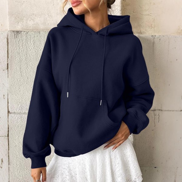 Damska Bluza Z Kapturem Casualowa Moda Z DłUgim RęKawem Jednolity Kolor Bluza Z Kapturem Xl Ciemnoniebieski-image