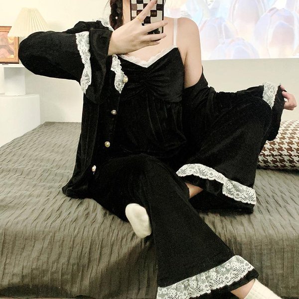 Pijama De Terciopelo Estilo Corte FrancéS Para Mujer Sexy Encaje Tirantes Espagueti Manga Larga CáRdigan Pantalones Conjunto De Tres Piezas Ropa De Casa CáLida XL White-image