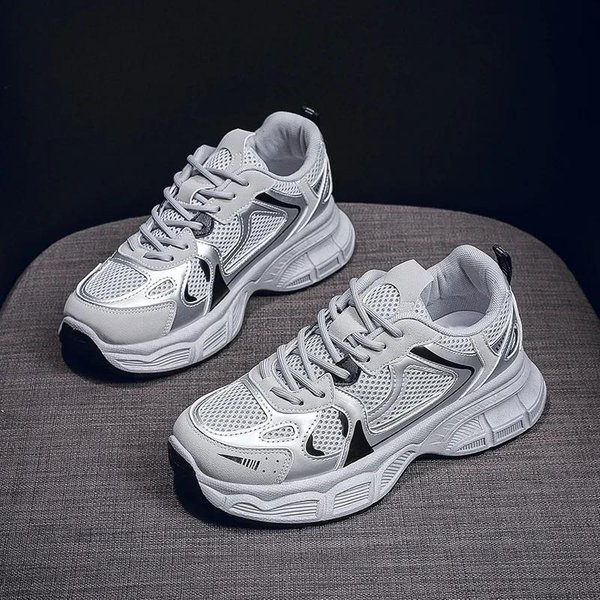 Zapatillas Deportivas De Plataforma Gruesa Para Mujer Primavera Malla Transpirable Suela Gruesa Zapatos Vulcanizados Mujer Casual Cordones Zapatilla Deportiva Para Correr 35 Gris-image