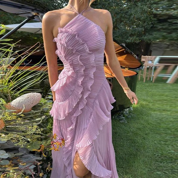 Elegancka Damska DłUga Sukienka Falbankowa Plisowana Moda Bez RęKawóW Z WiąZaniem Na Szyi Warstwowa Plisowana Zwiewna Sukienka Maxi Weselna Impreza XL-image