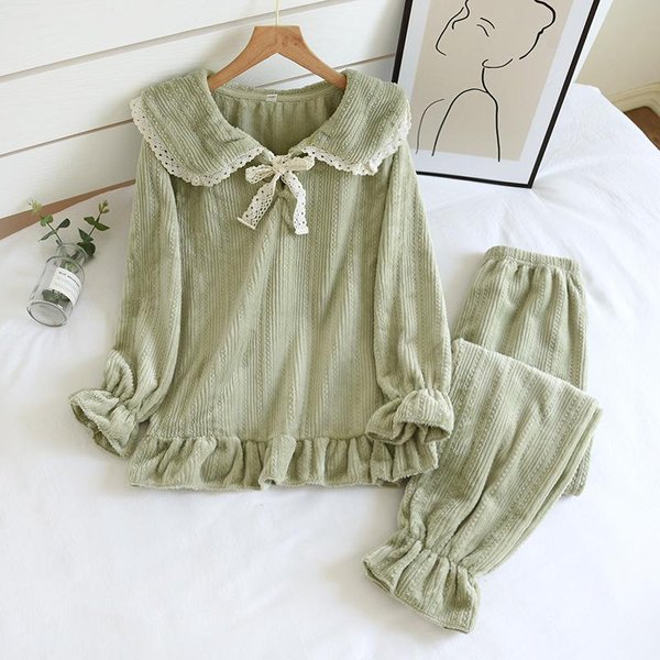 Pijama De Franela Para Mujer De OtoñO E Invierno, Conjunto De Franela Grueso De Talla Grande De Dos Piezas, PantalóN De Manga Larga, Lindo Conjunto De Felpa Para Estar En Casa XL Verde-image