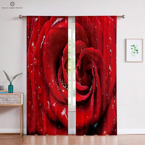 Cortinas De Flores Rosas Cortinas CáLidas RomáNticas Retro Rojas DecoracióN De Ventana Para Bloquear La Privacidad Cortinas De Dormitorio Cocina Sala De Estar W50Xh130(Cm)X2Pcs&Grommet Top-image