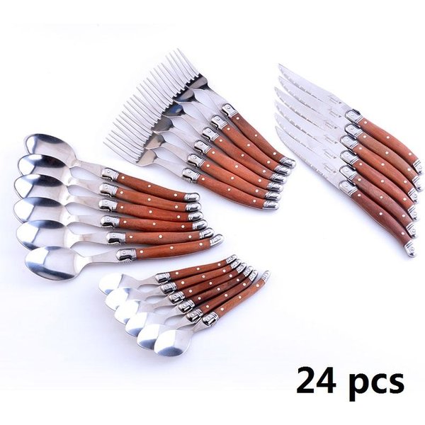 Juego De Vajilla Laguiole De 24 Piezas Mango De Madera Vajilla Coreana Acero Inoxidable 6 Cuchillos Para Carne 6 Tenedores 6 Cucharas 6 Cucharillas Cubiertos Brown-image