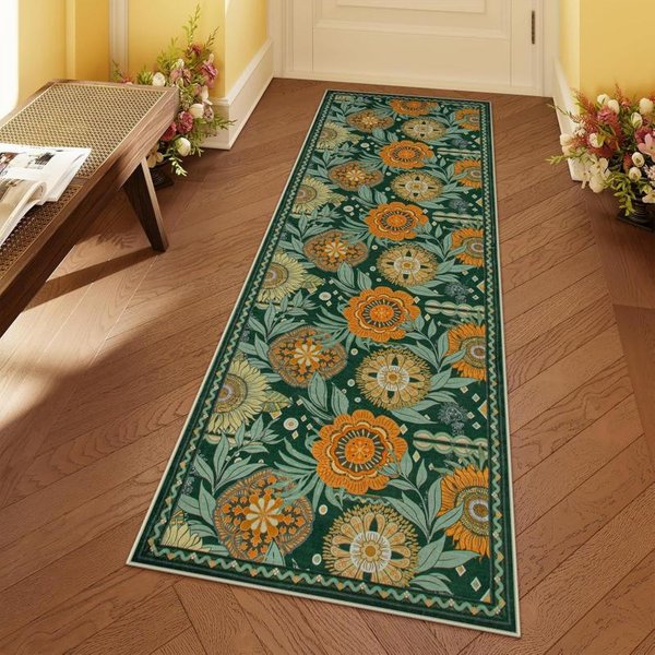 Boho Kwiatowy Zielony Dywanik Biegacz Wodoodporny I AntypośLizgowy Mata Kuchenna PrzedpokóJ Dywan Do Salonu Dekoracja Domu 60X200Cm 24X80Inch-image