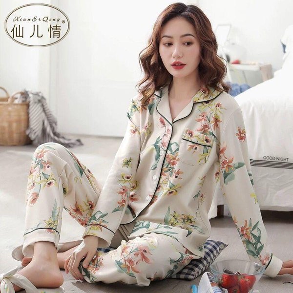 Pijama 100% AlgodóN Puro Para Mujer, Manga Larga, Primavera Y OtoñO, CáRdigan Con Solapa, Se Puede Usar Para Salir, Conjunto De Ropa De Estar Para Invierno M Gray-image