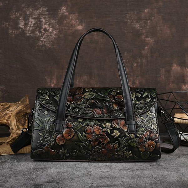 Bolso Retro De Cuero Genuino Para Mujer, Bolso De Hombro Y Bandolera De Gran Capacidad, VersáTil, Hecho A Mano, En Relieve-image