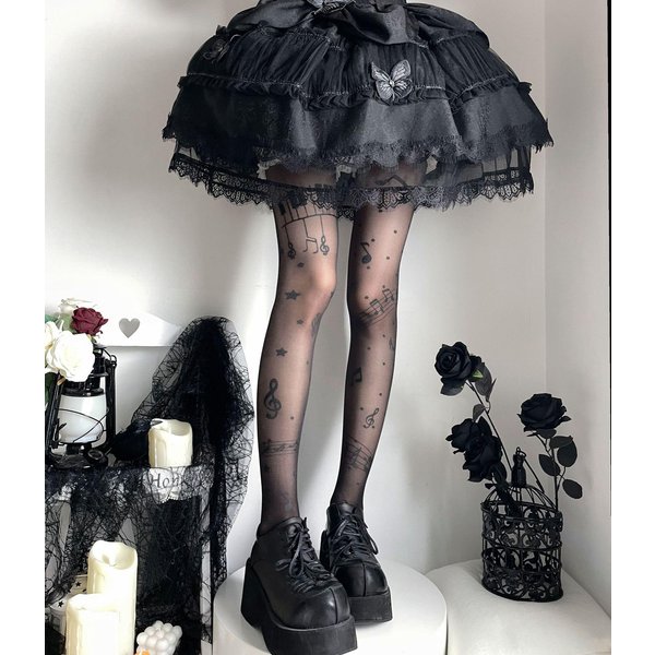 Muzyczna Nuta Czarne PońCzochy Symbol Nadruk Lolita Rajstopy Damskie Bielizna Nogi SłOdkie Wysokie Y2K DziewczęCe PońCzochy Rajstopy Klubowe Imprezowe Rajstopy M Gray-image