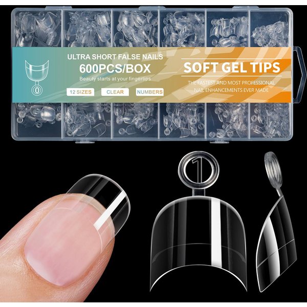 600 Sztuk Bardzo KróTkich Szpiczastych Paznokci Sztucznych Press On Nails Tipsy Do Zdejmowania Rozpuszczaniem Clear Tipsy Do Paznokci 12 RozmiaróW Half Cover Tipsy Do Paznokci Akrylowych Akcesoria Do Paznokci-image