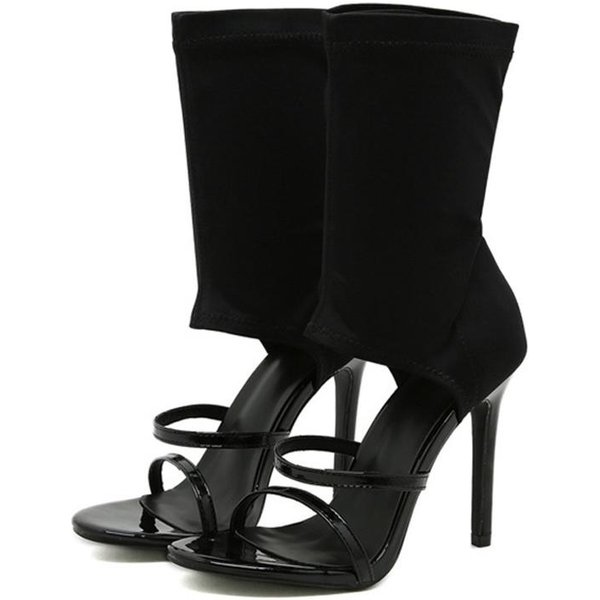 Liyke DiseñO De Moda De Verano Puntera Abierta Slip-On EláSticas Botas Sandalias Mujer Sexy Blanco Calado Tacones Altos Finos Botines Zapatos 35 Negro-image