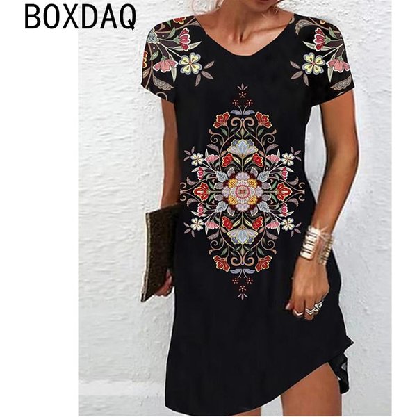 Sukienka W Stylu Vintage Casual W KształCie Litery A Elegancka Etniczna Sukienka Z Nadrukiem 3D Dla Kobiet Letnia Sukienka Z OkrąGłYm Dekoltem I KróTkim RęKawem, LuźNa Vestidos XL Black-image