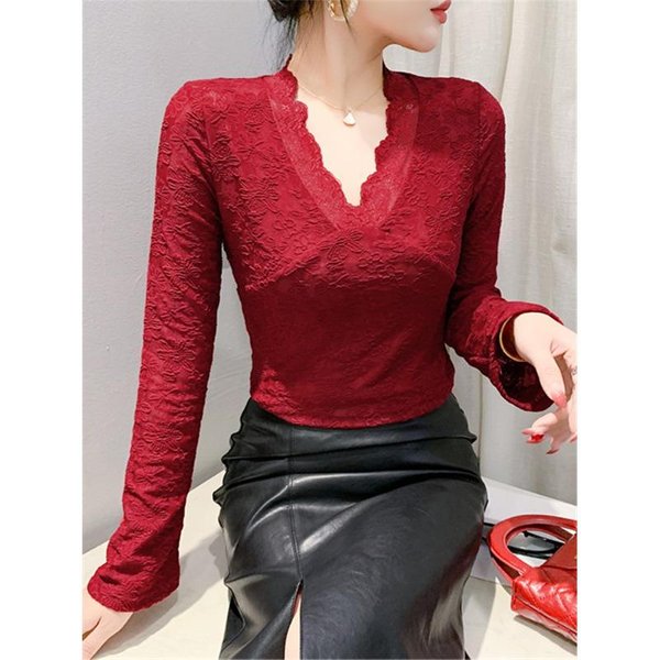 Top De Encaje Para Mujer Camiseta Nueva Encaje Manga Larga Cuello En V Jersey Camiseta BáSica 3XL Rojo-image