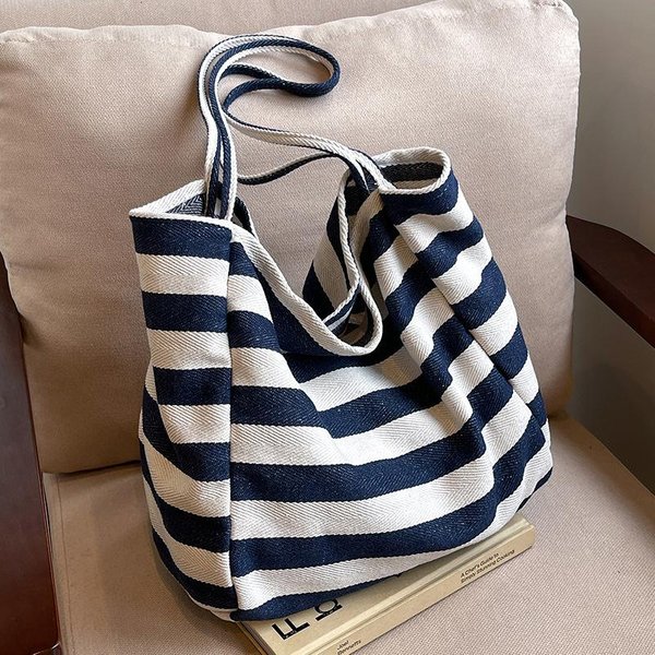 Bolsa De Lona Rayada Estilo Coreano Ins Lazy Bolso Tote Literario De Color En Contraste Bolso De Hombro De Gran Capacidad Bolsa De Compras Bolsa Grande Black-image