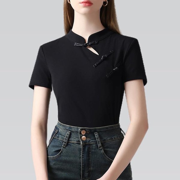 Nueva Camiseta De Cuello Alto Con Tapeta Inclinada De Estilo Chino Para Verano Nueva Camiseta De Manga Corta De Estilo Chino Retro De Alta Gama Para Mujer L Negro-image