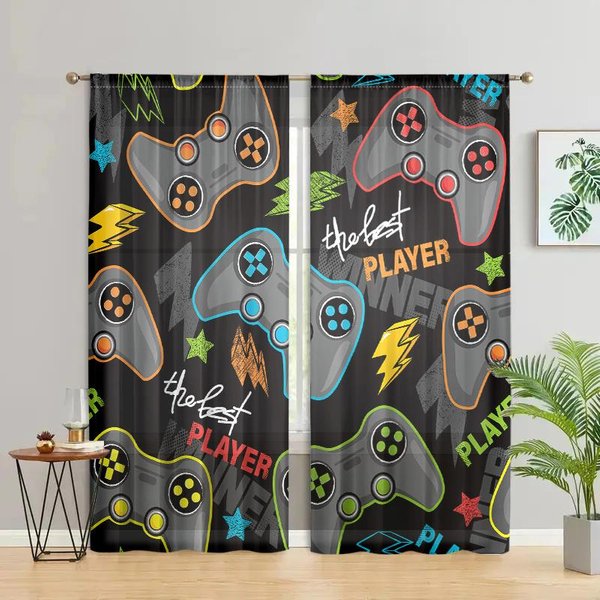 2 Piezas, Cortina Con PatróN De Controlador De Juego Y Letras - 30% Opacidad - Adecuada Para Sala De Estar, Dormitorio, Cocina Y DecoracióN Del Hogar W150CM H166Cm&Rod Pocket Gray-image