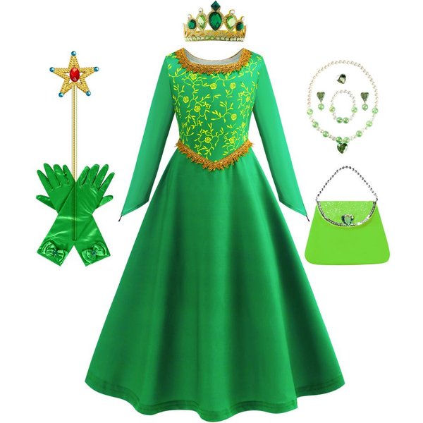 Sukienka Fiona Halloween Cosplay Shrek Kostium Fantazyjny Zielona Sukienka KsiężNiczki Dzieci Elegancka Suknia Dzieci DłUgi RęKaw Sukienki Z Nadrukiem 4T (Tag 120) Green-image