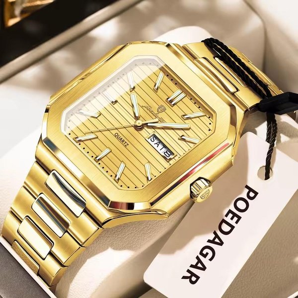 Poedagar Reloj De Pulsera De Cuarzo Para Hombre De Acero Inoxidable, Esfera Cuadrada De Lujo, Fecha, Semana, Relojes Impermeables Luminosos De Negocios Para Hombre Oro-image