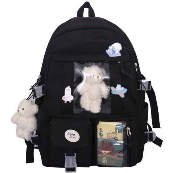 Mochila Japonesa Para Chicas De Secundaria, Mochilas Escolares Para Chicas Adolescentes, Nueva Mochila Kawaii Con MúLtiples Bolsillos, Mochila Bonita Harajuku Para Mujeres No Bear Doll Negro-image